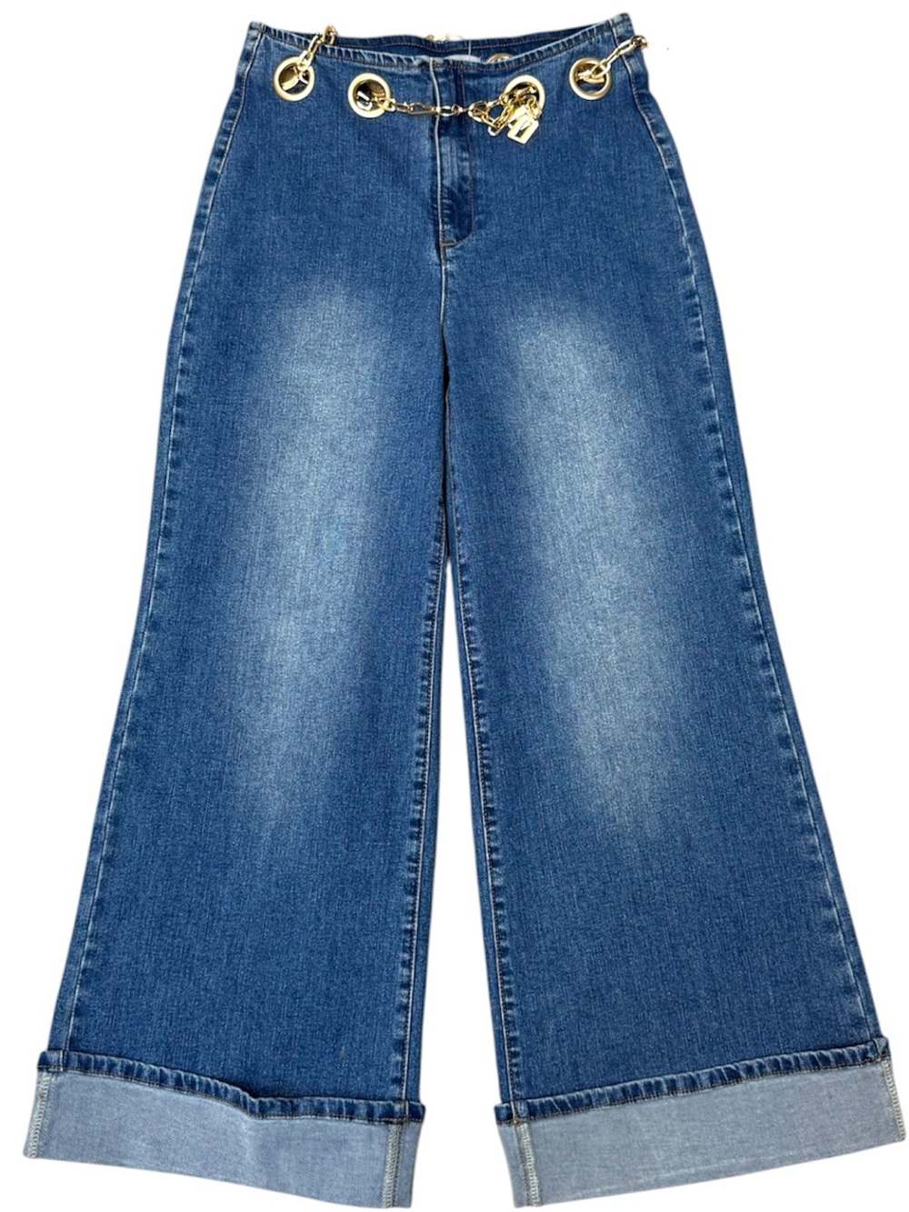 NWT Gold Belted Wide Leg Denim Jeans Sz S - Picture 2 of 5